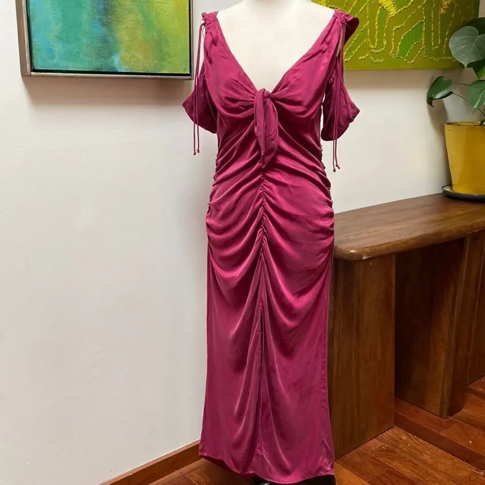 For Love & Lemons Beth Midi Dress Dark Magenta Pink w Draped Sleeves Large NWT - Picture 4 of 12